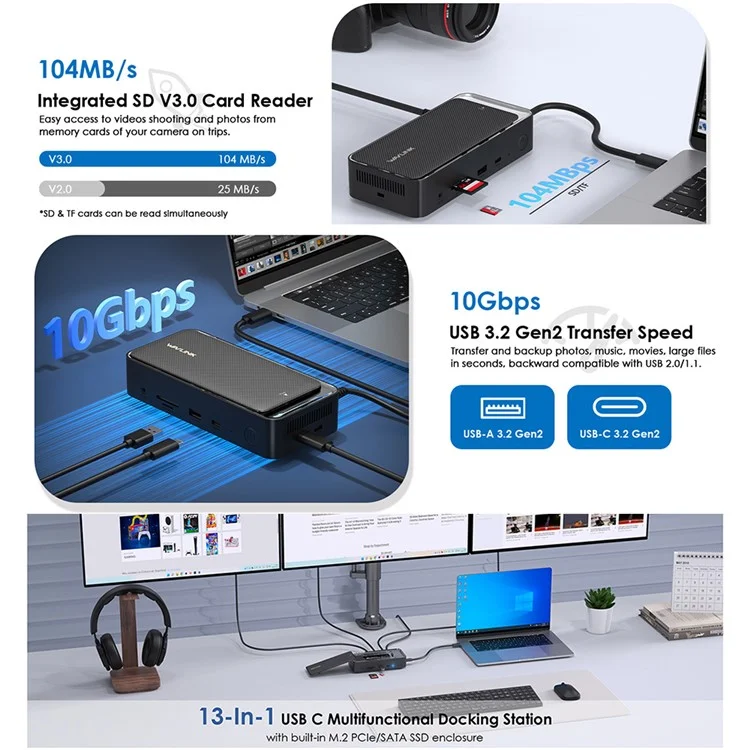 WAVLINK UMD23M 13-in-1 USB-C Hub mit 10 Gbit/s M.2 PCIe / SATA SSD Gehäuse Docking-Station für Laptop und Tablet - EU-Stecker