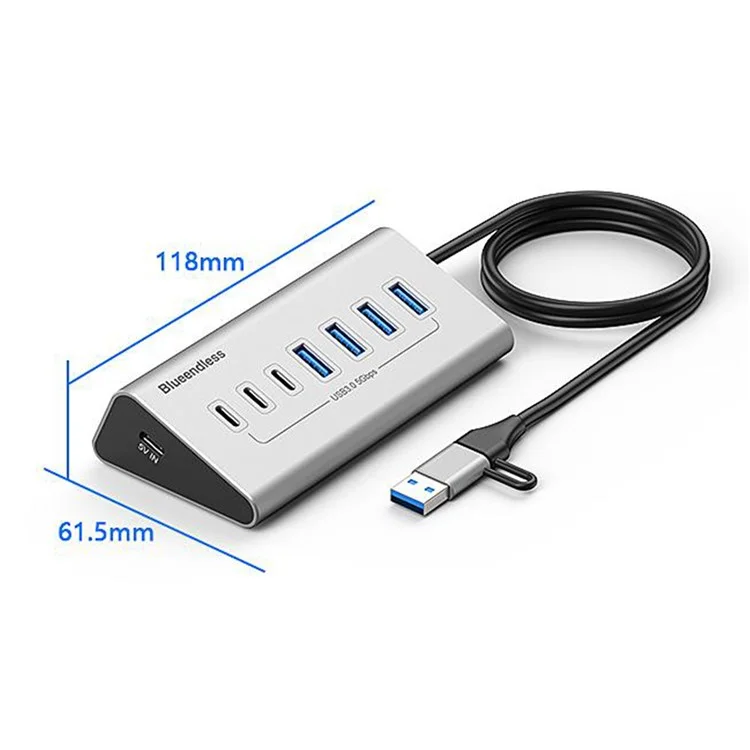 BLUEENDLESS HU705 USB 3.0 Hub 7 Ports Expansion Dock 4 USB 3.0  /  3 Type C Splitter with 2 In 1 USB / Type C Connector