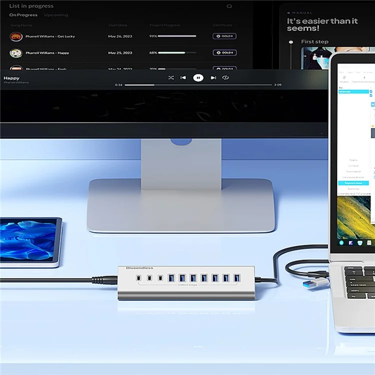 BLUEENDLESS HU105 USB 3.0 Hub 10 Ports Expansion Dock 7 USB 3.0 / 3 Type C Splitter with 2 In 1 USB / Type C Connector - EU Plug