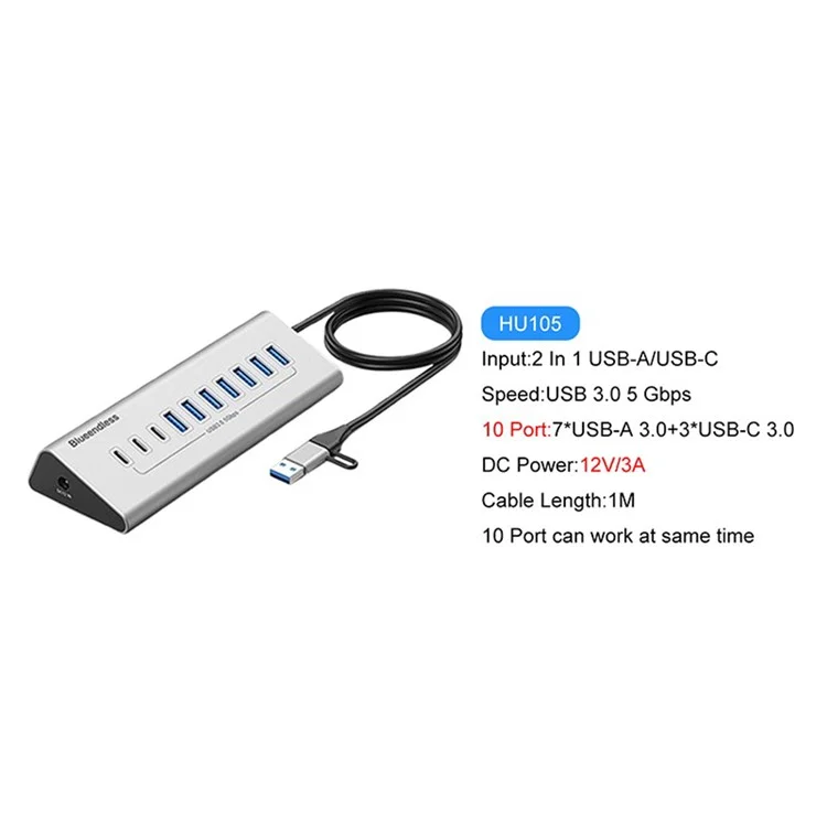 BLUEENDLESS HU105 USB 3.0 Hub 10 Ports Expansion Dock 7 USB 3.0 / 3 Type C Splitter with 2 In 1 USB / Type C Connector - EU Plug