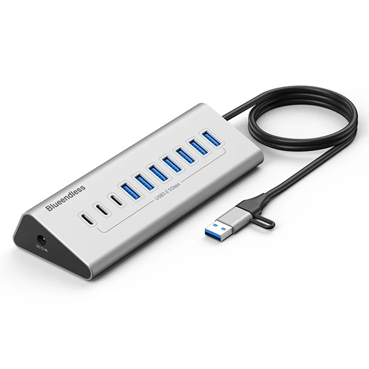BLUEENDLESS HU105 USB 3.0 Hub 10 Ports Expansion Dock 7 USB 3.0 / 3 Type C Splitter with 2 In 1 USB / Type C Connector - UK Plug