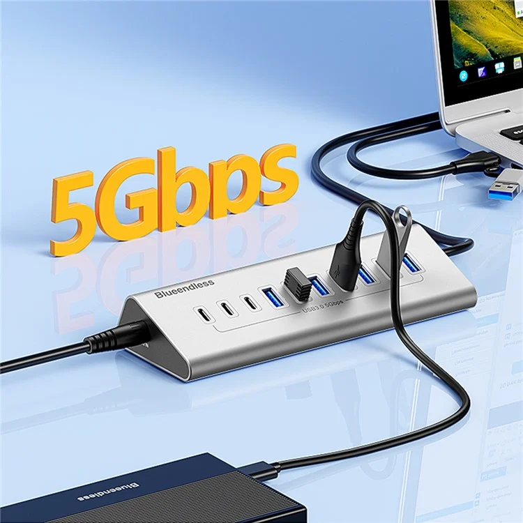 BLUEENDLESS HU105 USB 3.0 Hub 10 Ports Expansion Dock 7 USB 3.0 / 3 Type C Splitter with 2 In 1 USB / Type C Connector - UK Plug
