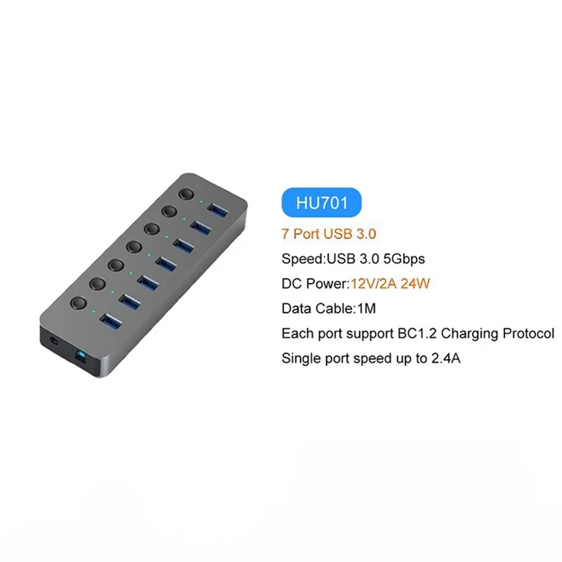 BLUEENDLESS HU701 7 in 1 USB 3.0 Hub with Independent Switch Aluminum Alloy Expansion Dock - EU Plug
