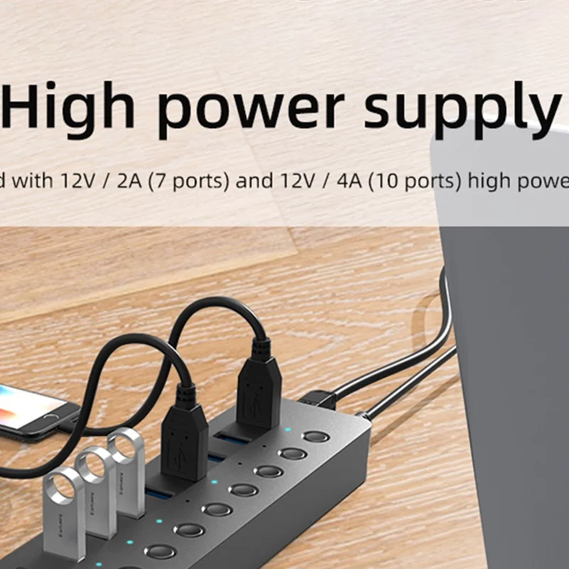 BLUEENDLESS HU701 7 in 1 USB 3.0 Hub with Independent Switch Aluminum Alloy Expansion Dock - EU Plug