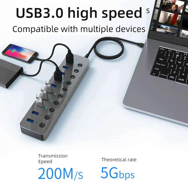 BLUEENDLESS HU101 10 in 1 USB 3.0 Hub with Independent Switch Aluminum Alloy Expansion Dock - EU Plug