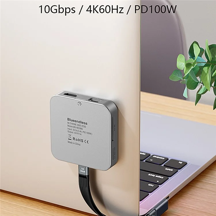 BLUEENDLESS MC906 8 in 1 M.2 Magnetic SSD Enclosure Nvme Expansion Dock 4K HD USB 3.2 Hub with PD Charging