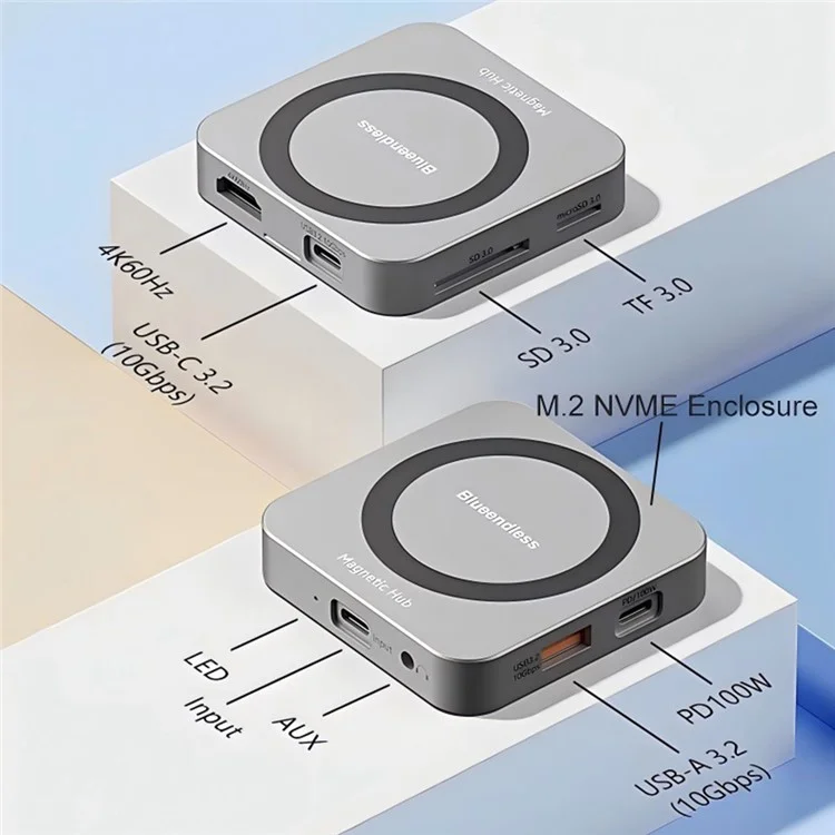BLUEENDLESS MC906 8 in 1 M.2 Magnetic SSD Enclosure Nvme Expansion Dock 4K HD USB 3.2 Hub with PD Charging