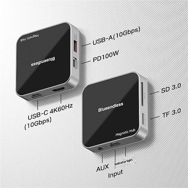 BLUEENDLESS MC801 8 in 1 4K 60Hz USB 3.2 Hub for Laptop  /  Phone PD Charging Magnetic Docking Station