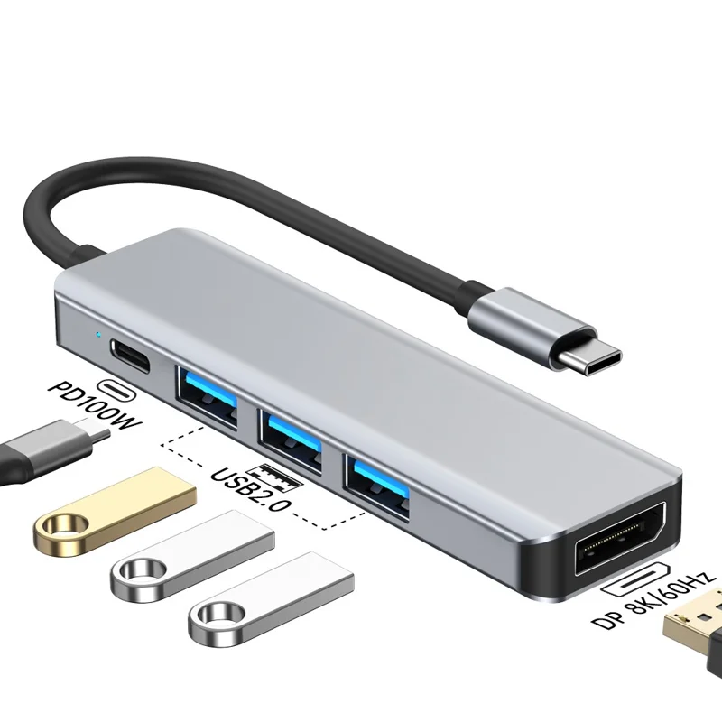 2421 Type-C 5 in 1 Laptop Expansion Hub 8K DP 100W PD Charging USB 2.0 Ports Adapter