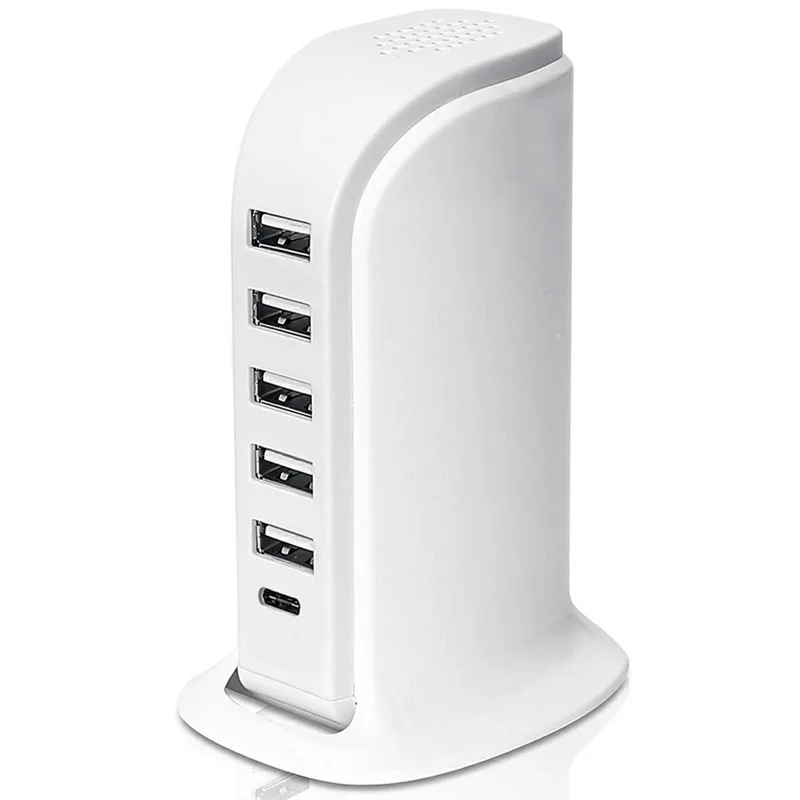 Зарядная станция с 40 Вт, многопортовое зарядное устройство Type-C + 5 USB-A для быстрой зарядки телефонов - белый / вилка для США