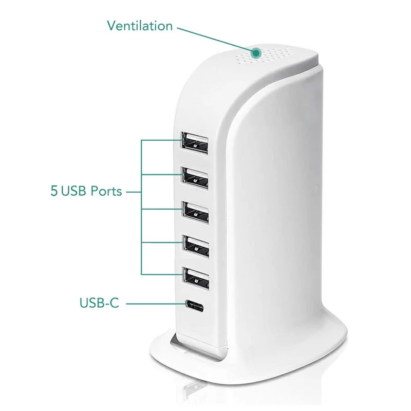 Зарядная станция с 40 Вт, многопортовое зарядное устройство Type-C + 5 USB-A для быстрой зарядки телефонов - белый / вилка для США