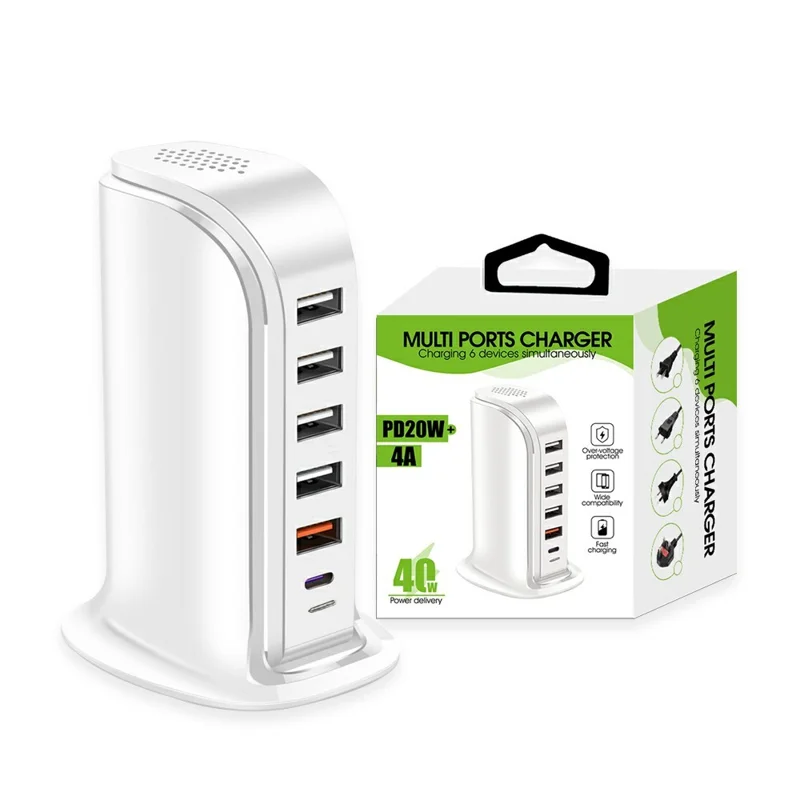 Зарядная станция с 40 Вт, многопортовое зарядное устройство Type-C + 5 USB-A для быстрой зарядки телефонов - белый / вилка для США