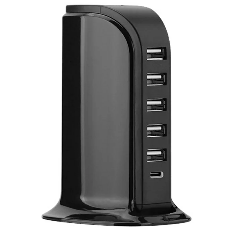 828 40W Multi-Port Charger Type-C + 5 USB-A Desktop Phone Fast Charging Station - Black / US Plug