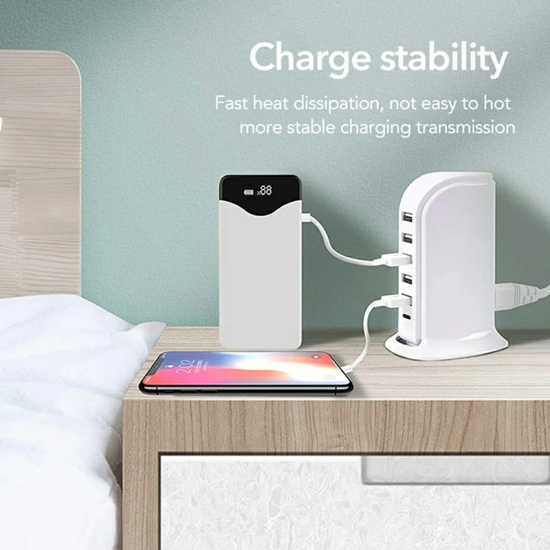 828 40W Multi-Port Charger Type-C + 5 USB-A Desktop Phone Fast Charging Station - Black / US Plug