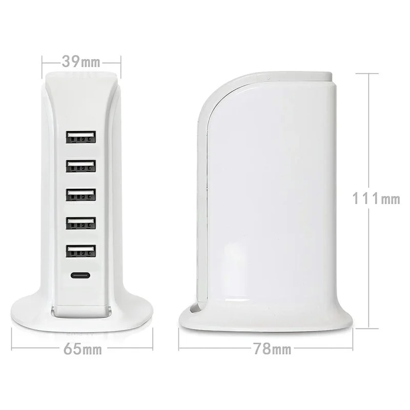 828 40W Multi-Port Charger Type-C + 5 USB-A Desktop Phone Fast Charging Station - Black / US Plug