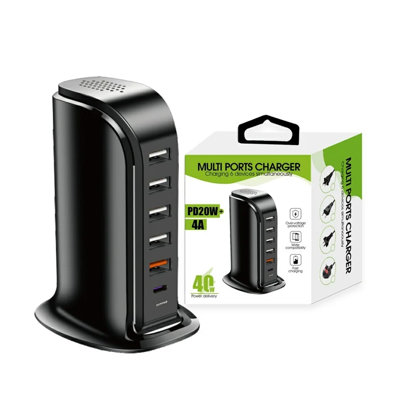 828 40W Multi-Port Charger Type-C + 5 USB-A Desktop Phone Fast Charging Station - Black / US Plug