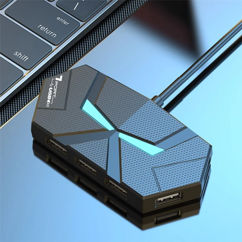 Hub USB 2.0 de 0,6 m con 7 Puertos, Adaptador Divisor con Suministro de Energía / Luz Ambiental RGB / Transferencia de Datos para Portátil - Negro