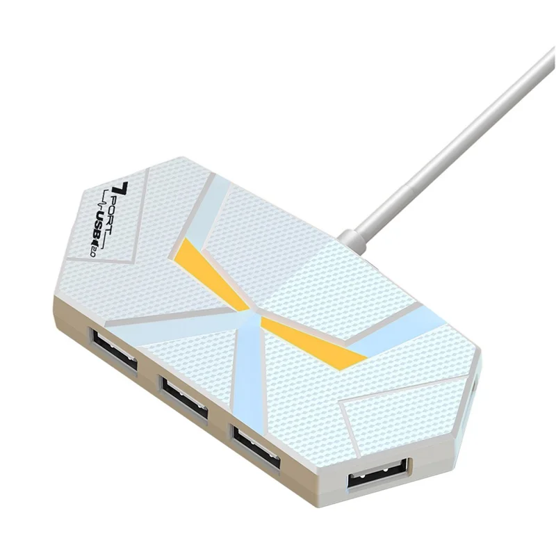 Hub USB 2.0 de 0,6m com 7 Portas, Adaptador Divisor com Entrega de Energia / Luz Ambiente RGB / Transferência de Dados para Laptop - Branco