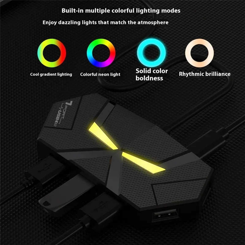 Hub USB 2.0 de 0,6m com 7 Portas, Adaptador Divisor com Entrega de Energia / Luz Ambiente RGB / Transferência de Dados para Laptop - Branco