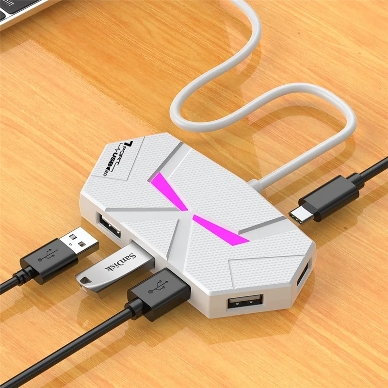 Hub USB 2.0 de 0,6m com 7 Portas, Adaptador Divisor com Entrega de Energia / Luz Ambiente RGB / Transferência de Dados para Laptop - Branco