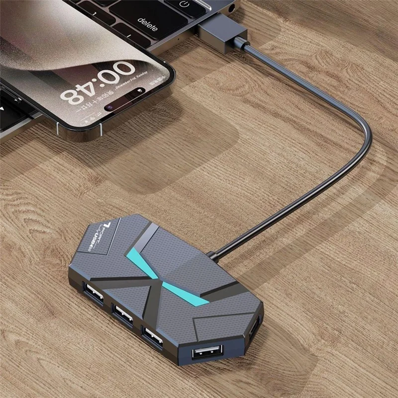 Hub USB 2.0 de 0,6m com 7 Portas, Adaptador Divisor com Entrega de Energia / Luz Ambiente RGB / Transferência de Dados para Laptop - Branco