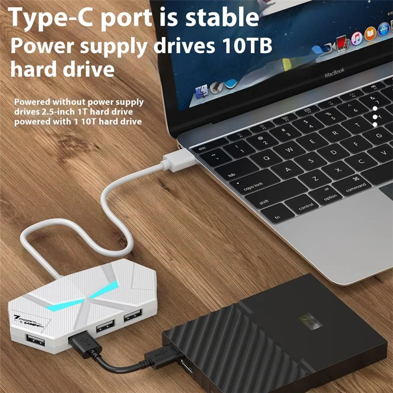 Hub USB 2.0 de 0,6m com 7 Portas, Adaptador Divisor com Entrega de Energia / Luz Ambiente RGB / Transferência de Dados para Laptop - Branco