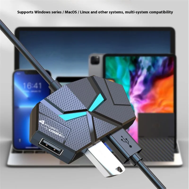 1.2m USB 2.0 Hub 7 Ports Adapter Multi-Port Extender with Power Delivery / RGB Light for PC Laptop - Black