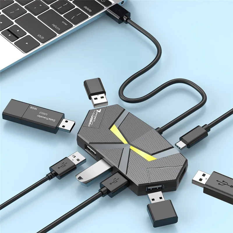 1.2m USB 2.0 Hub 7 Ports Adapter Multi-Port Extender with Power Delivery / RGB Light for PC Laptop - Black