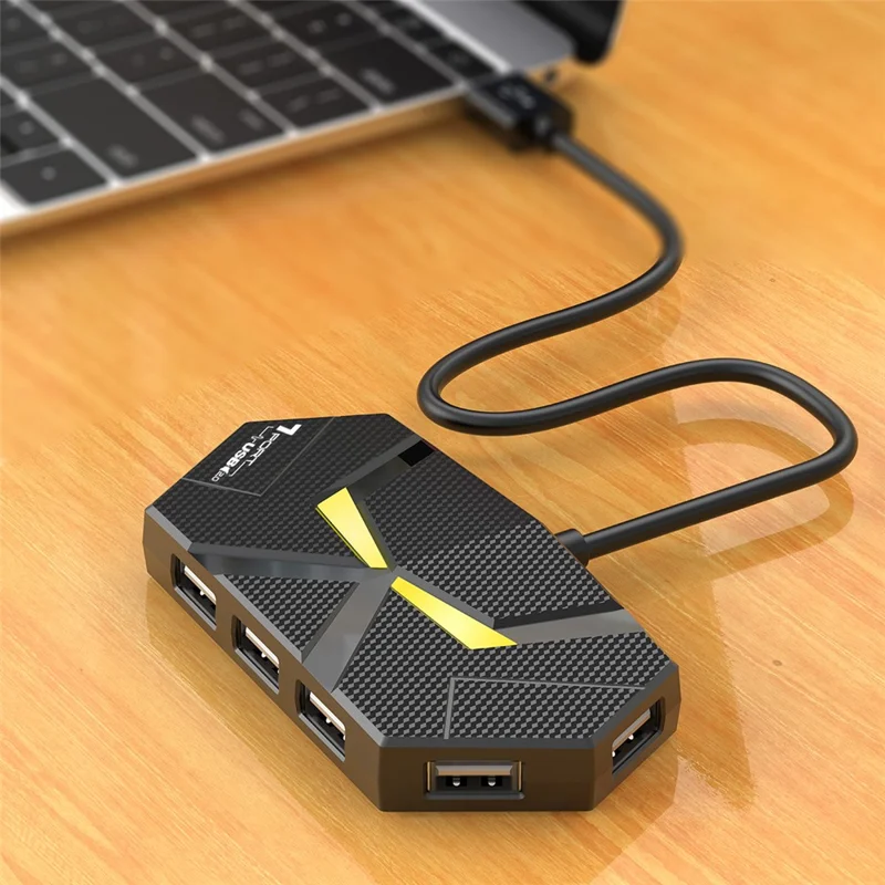 1.2m USB 2.0 Hub 7 Ports Adapter Multi-Port Extender with Power Delivery / RGB Light for PC Laptop - Black