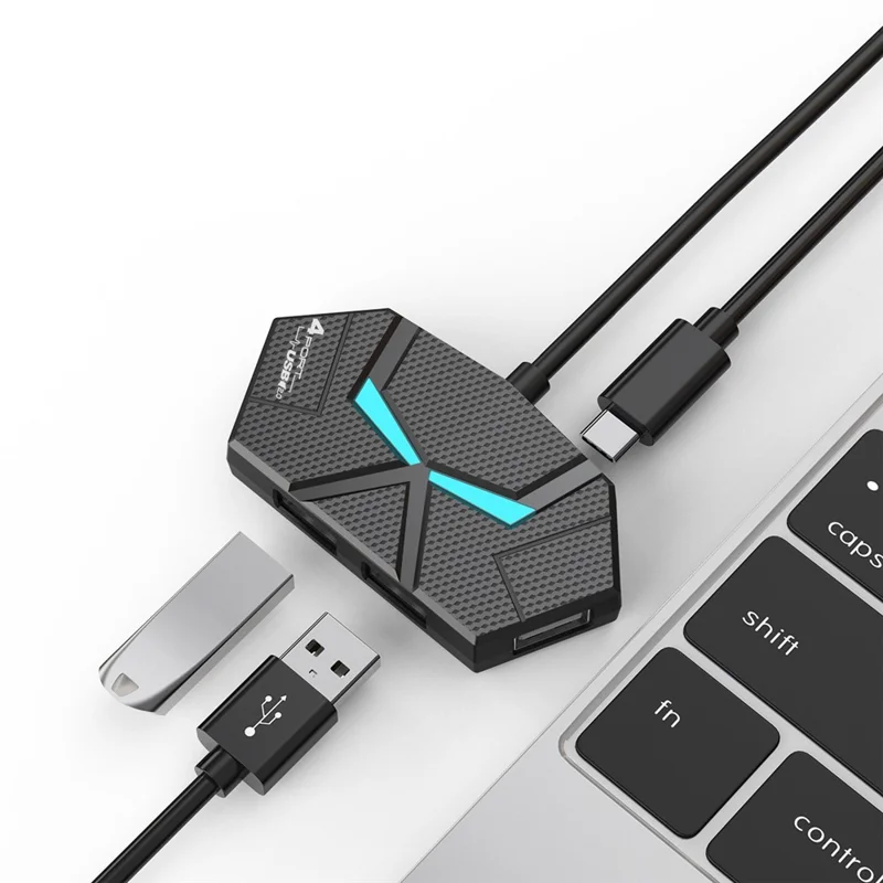 1.2m USB 2.0 Hub 7 Ports Adapter Multi-Port Extender with Power Delivery / RGB Light for PC Laptop - Black