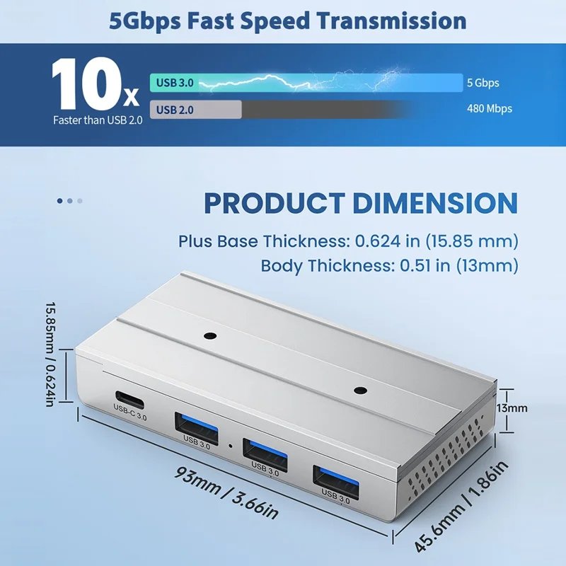 HST-3A1C Hub USB 3 x USB3.0 + Divisor de Tipo C con Riel Magnético para Expansión - Negro