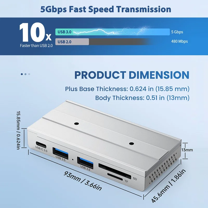 HST-2A1CTS USB Hub Magnetic Rail Expansion Dock 2 x USB3.0 + Type-C + SD TF Card Reader - Black
