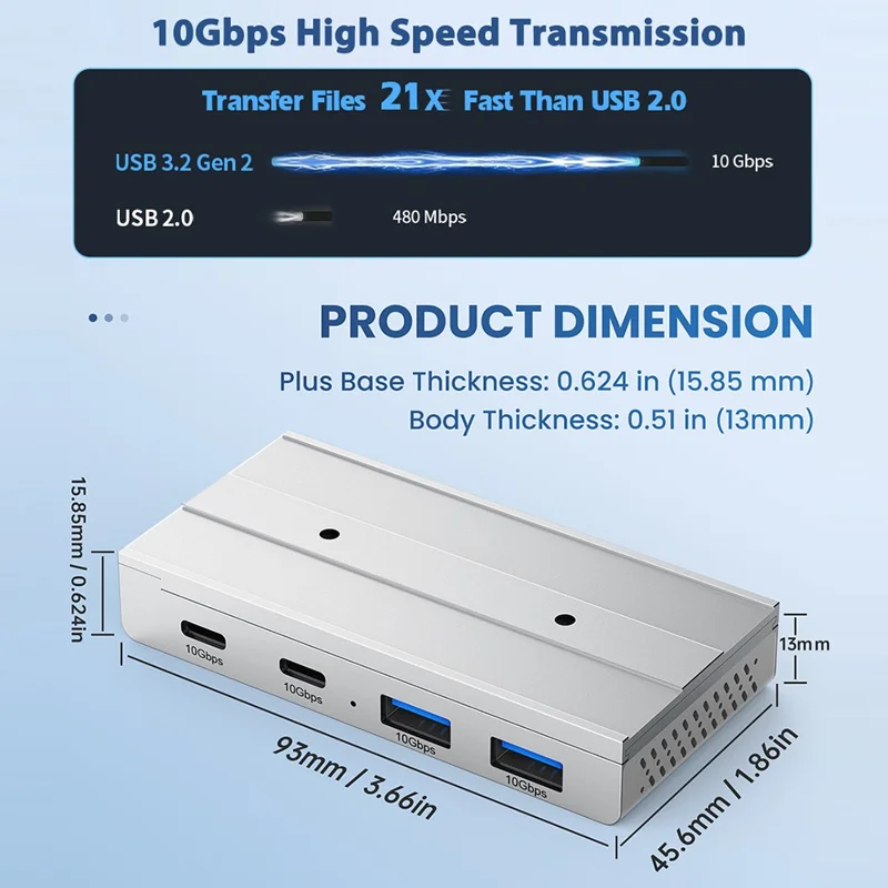 HST-2A2C Hub USB con Acoplamiento Magnético para Expansión, Divisor Adaptador de 2 x USB3.2 + 2 x Tipo-C - Negro