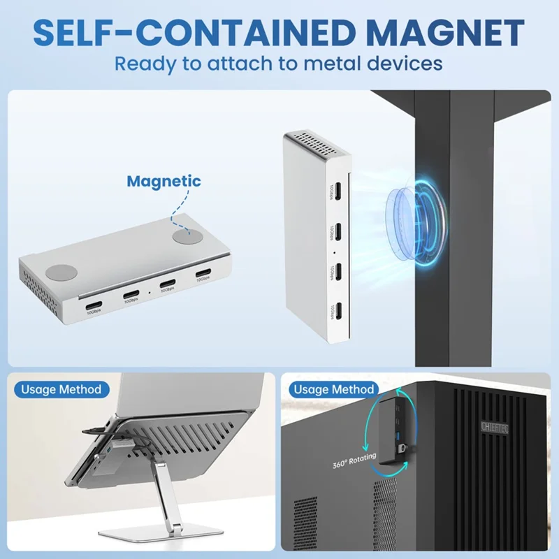 HST-4C Hub USB de Riel Magnético para Expansión con 4 x Tipo-C 3.2 Adaptador de Aleación de Aluminio - Plata