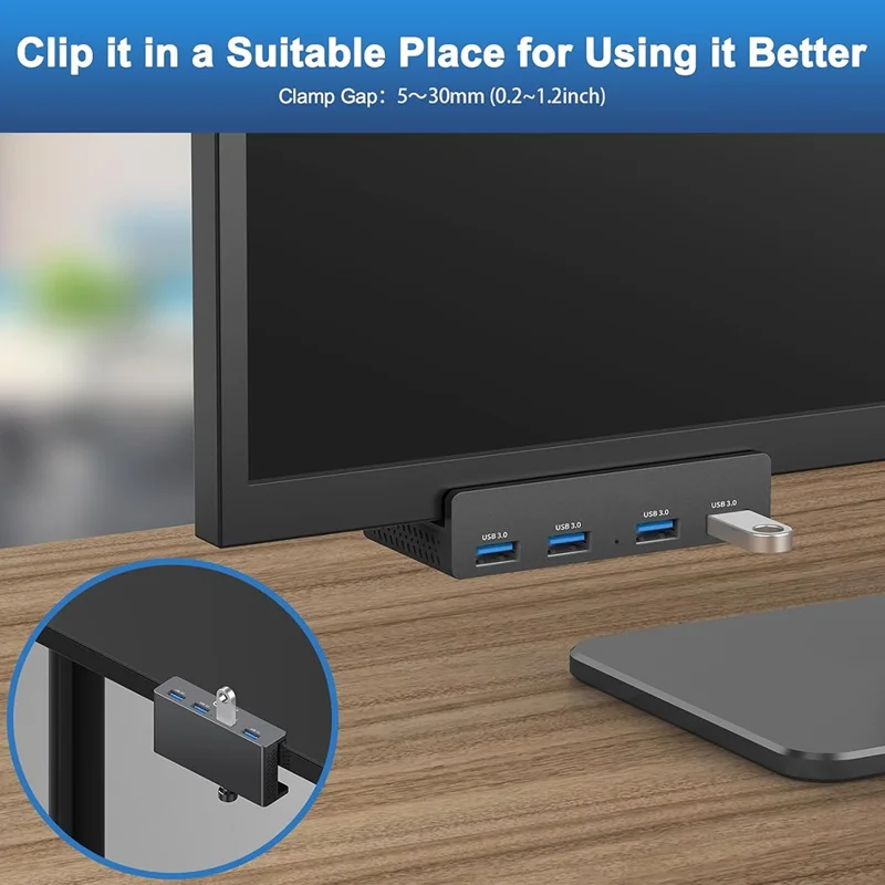 HCL-4A-Pro 4 Ports USB 3.0 Hub 5Gbps Transfert de données Pilote gratuit Clip On Station d'accueil externe - Noir
