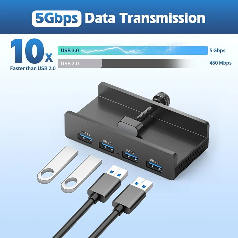HCL-4A-Pro 4 Ports USB 3.0 Hub 5Gbps Transfert de données Pilote gratuit Clip On Station d'accueil externe - Noir