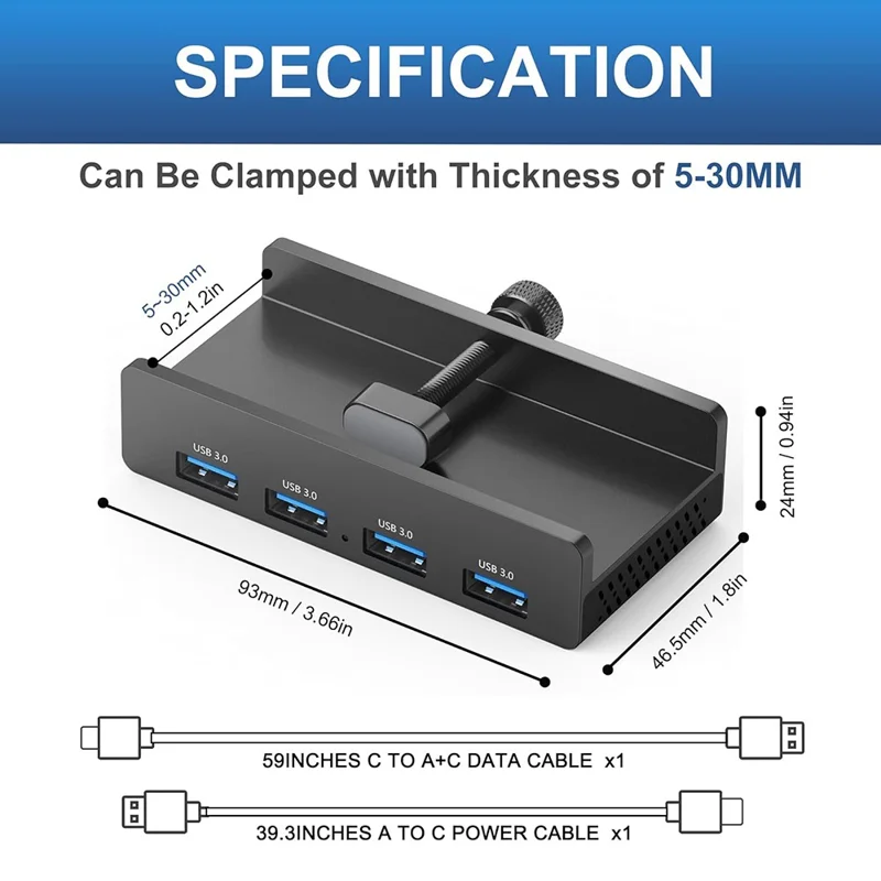 HCL-4A-Pro 4 Ports USB 3.0 Hub 5Gbps Transfert de données Pilote gratuit Clip On Station d'accueil externe - Noir