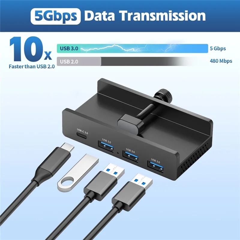 YW-HCL-3A1C-Pro 5Gbps Data Transfer 4 Ports Hub Type C 3.0 + 3 USB 3.0 Clip On External Dock Station - Black