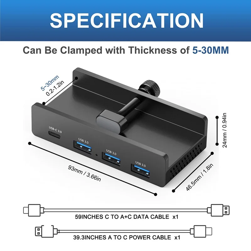 YW-HCL-3A1C-Pro 5Gbps Data Transfer 4 Ports Hub Type C 3.0 + 3 USB 3.0 Clip On External Dock Station - Black