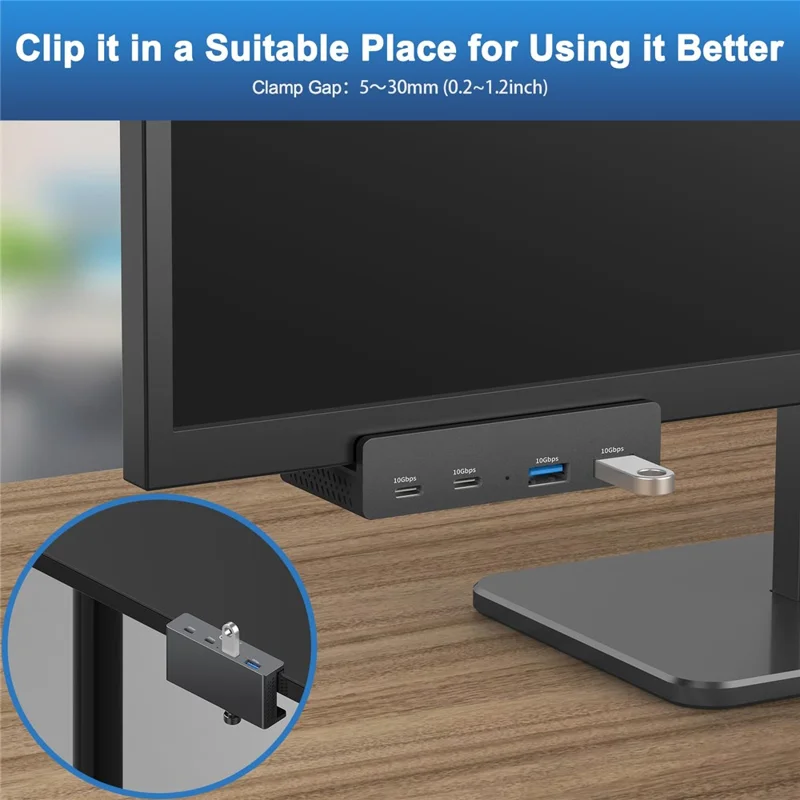 YW-HCL-2A2C-Pro 4 Ports USB Hub 2 USB 3.1 + 2 Type C 3.1 10Gbps High Speed Data Transfer Clip On External Dock Station - Black