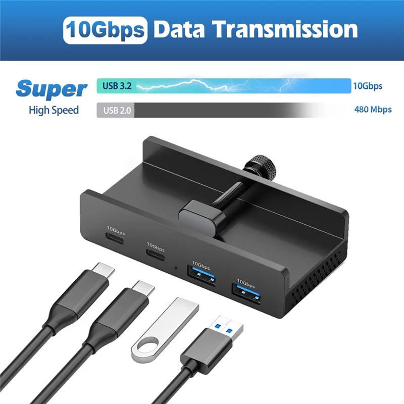 YW-HCL-2A2C-Pro 4 Ports USB Hub 2 USB 3.1 + 2 Type C 3.1 10Gbps High Speed Data Transfer Clip On External Dock Station - Black