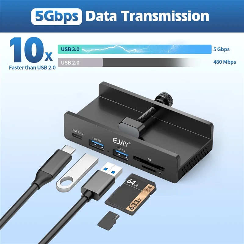 YW-HCL-2A1CTS-Pro 5 Гбит/с Передача данных 5 портов концентратор Type C 3.0 + 2 USB 3.0 + SD / TF Card Reader Clip On External Dock Station - Черный
