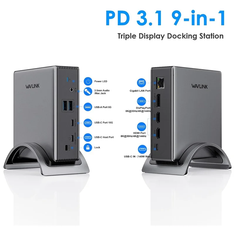 WAVLINK UMD27PRO Laptop Docking Station 2 HD + DP 140W PD Hub Adapter Support 8K 30Hz  /  4K 144Hz - US Plug