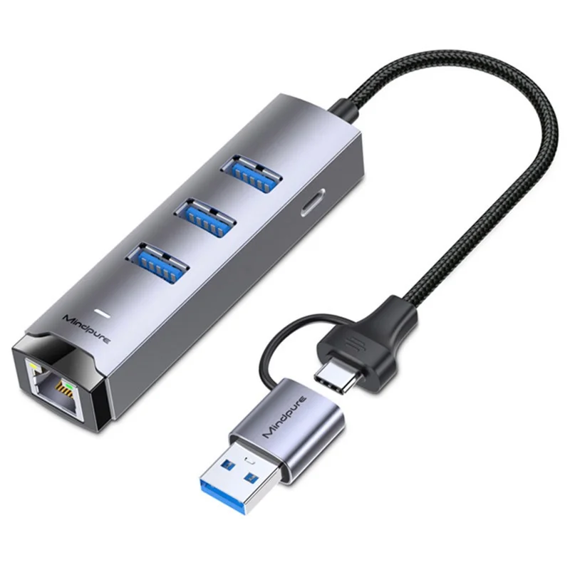 MINDPURE UR011 محول USB 3.0 + Type-C إلى إيثرنت بسرعة الجيجابت، محطة وصل مزودة بثلاث منافذ USB 3.0 من سبائك الألومنيوم