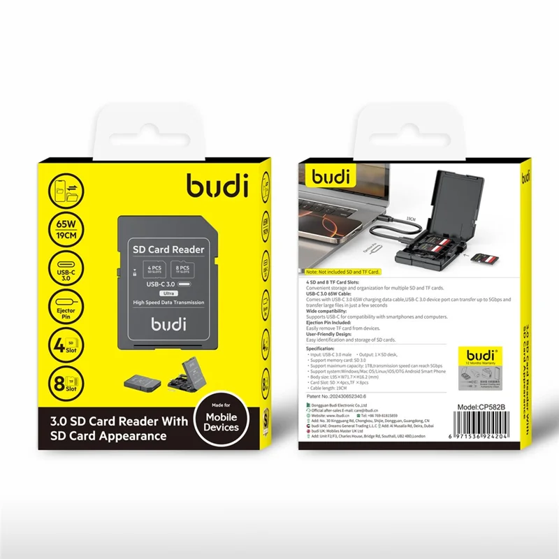 BUDI CP582B قارئ بطاقات متعدد الوظائف SD / TF مع 4 فتحات SD و 8 فتحات TF، قارئ بطاقات ذاكرة عالي السرعة بسرعة 5 جيجابت في الثانية