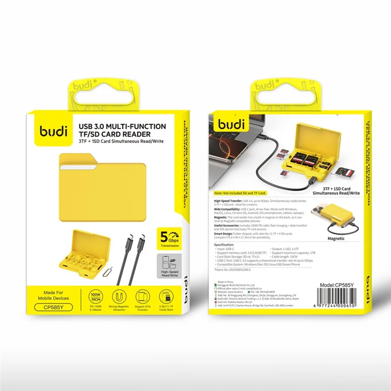 BUDI CP585Y USB 3.0 flerfunktionskortläsare för TF-kort, snabb 5 Gbps, OTG-kompatibel med Windows / Mac / Linux / iOS