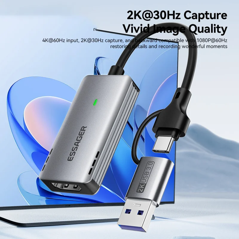 ESSAGER ECJK2K-HC0G-Z 4K 60Hz HDMI Video Capture Card USB 3.0 2 in 1 Interface Plug and Play Capture Card with Cable