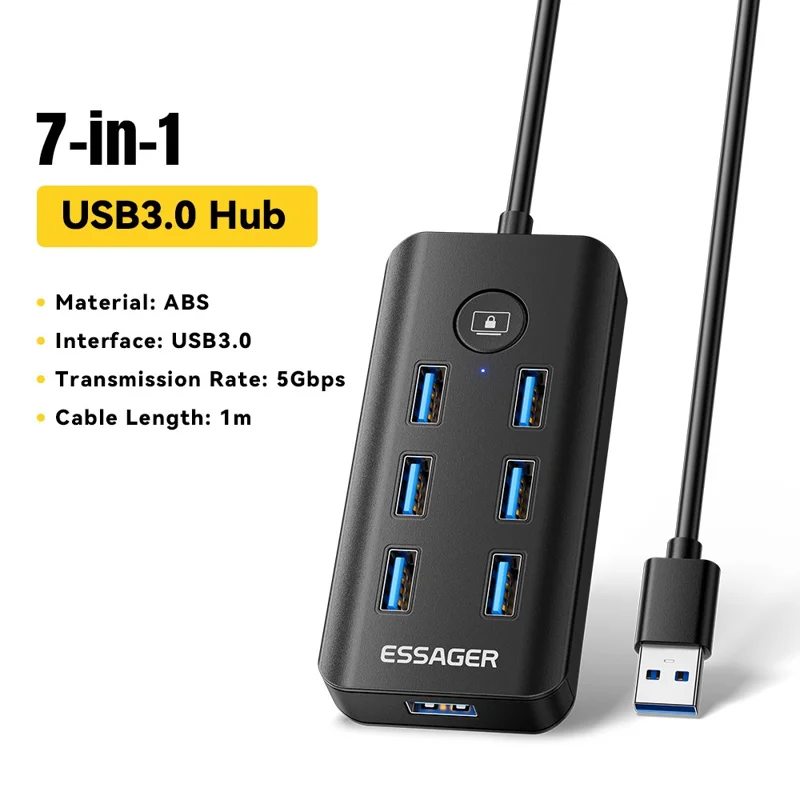 ESSAGER 7 in 1 USB 3.0 Hub For PC  /  Laptop  /  MacBook High Speed Data Transfer Multi Port Expansion