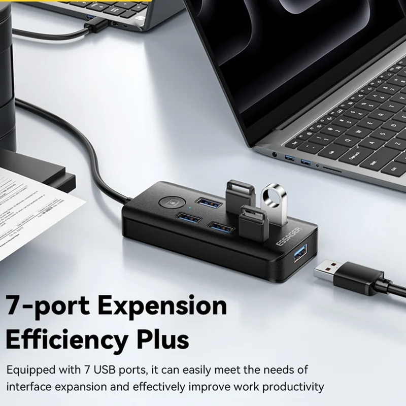 ESSAGER 7 in 1 USB 3.0 Hub For PC  /  Laptop  /  MacBook High Speed Data Transfer Multi Port Expansion