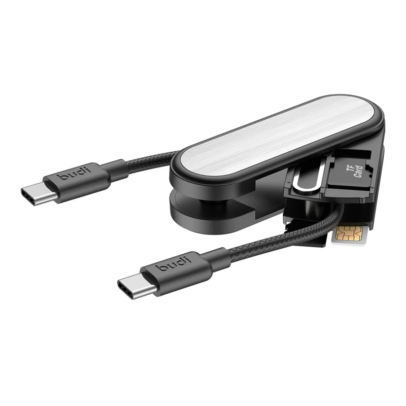 BUDI CP586TTB Kit Cavo Dati USB-C a USB-C Multifunzione, Set Cavo Ricarica Portatile da Viaggio con Slot per Schede SIM/TF, Spillo di Espulsione